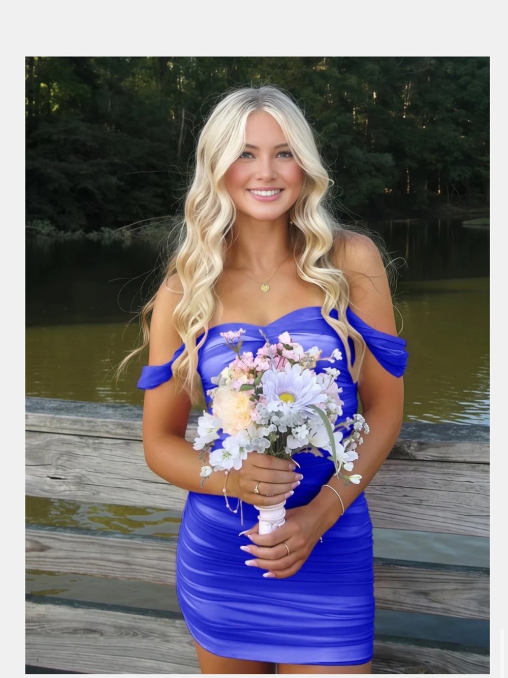 Off the shoulder tulle royal blue dress.